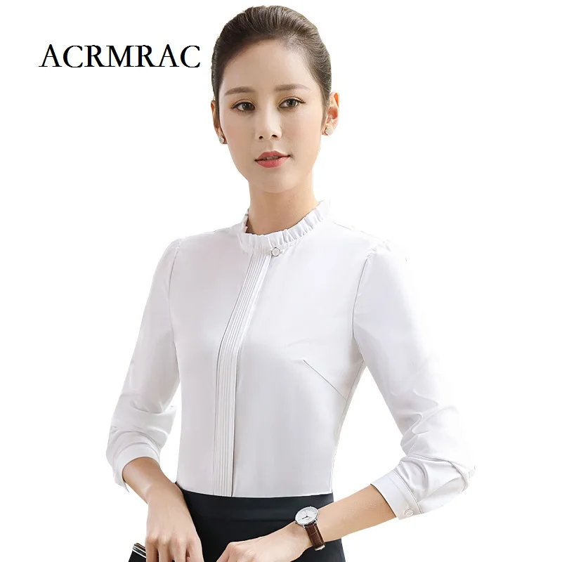 ACRMRAC Women Formal wear Long sleeves white Stand collar Solid color Slim Business Blouses & Shirts