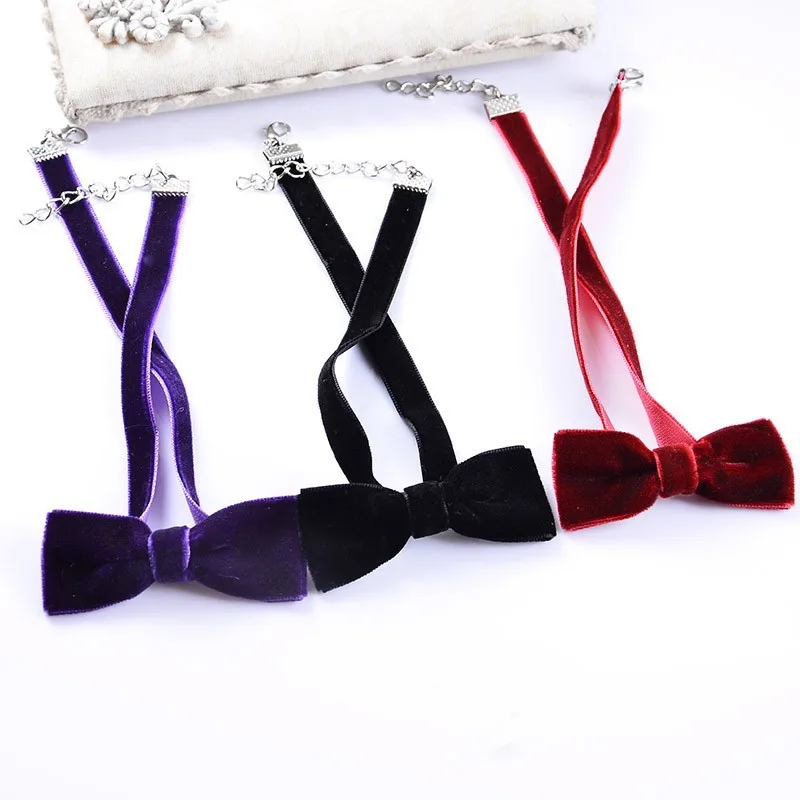 Для женщин Chocker Цепочки и ожерелья девушки черный бант короткие бархатные Цепочки и ожерелья s в стиле панк Шарм Чокеры Воротник Колье Femme Bijoux колье