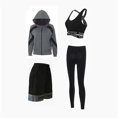 gray jacket 4 pcs Набор для йоги, большой размер, для фитнеса, эластичный, качественный, женский спортивный костюм, куртка на молнии, рубашка, бюстгальтер, штаны, короткие, 5 шт., дышащие, спортивные костюмы - Цвет: gray jacket 4 pcs