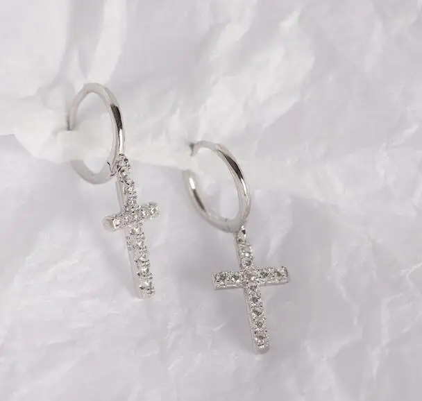 SILVER SHANICE 925 стерлингового серебра CZ хрустальные серьги-кольца с крестиком барокко Подвески Серьги в виде тонкого кольца с висячим крестом Эффектные серьги - Окраска металла: SILVER