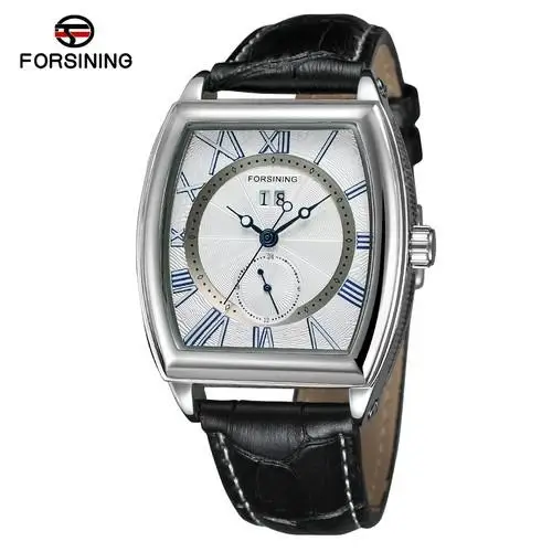 Forsining Top Brand Men's New Design Tonneau Shape Trendy Automatic Selfw-winding Popular Watch With Genuine Leather Band Clock - Цвет: Black White