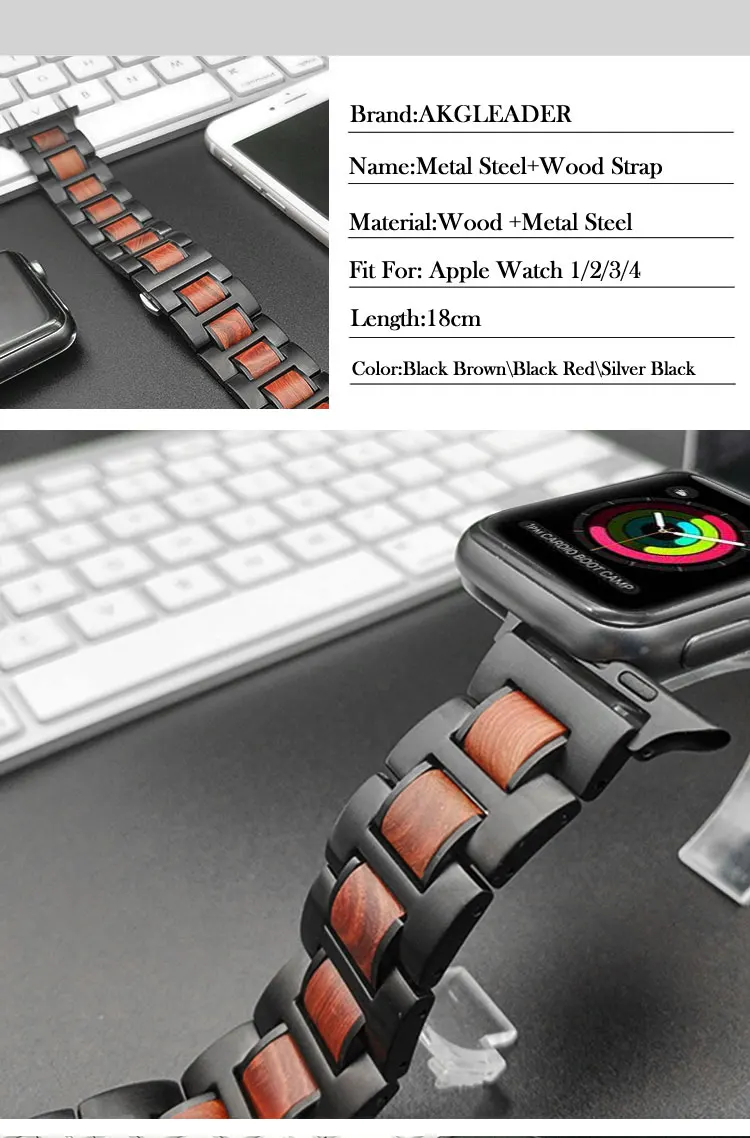 Натуральная древесина+ металлический стальной ремешок для часов для Apple Watch серии 1 2 3 4 38 мм 42 мм 40 мм 44 мм iWatch Ремешки для наручных часов