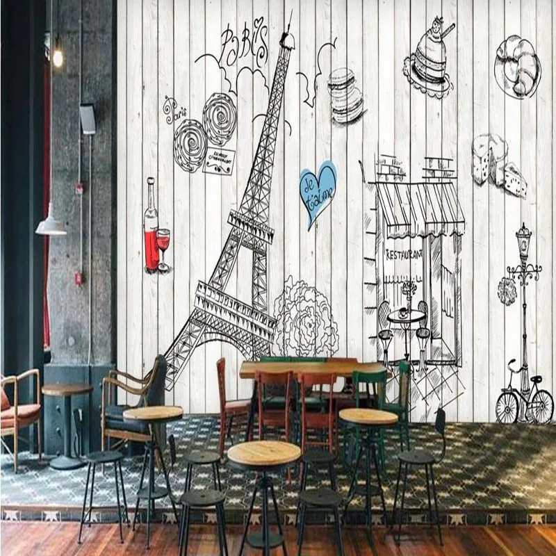 Фотообои ручная роспись деревянная Парижская башня обои хлебобулочные Ресторан