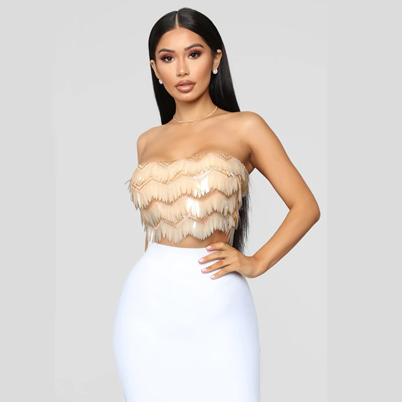 

Women sexy sequined Multi-layer tassel color Tube Tops