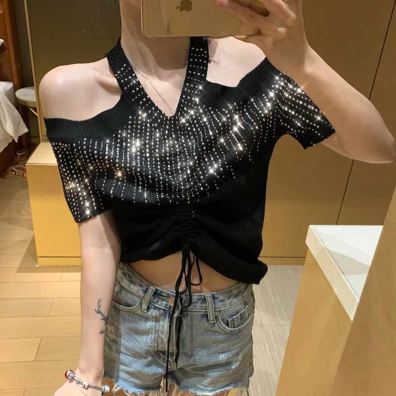 New Slim Fit Diamonds V-Neck Short Sleeve Fashion T-Shirt Womens Summer Sexy Open Shoulder Black Crop Tops Remeras Mujer | Женская