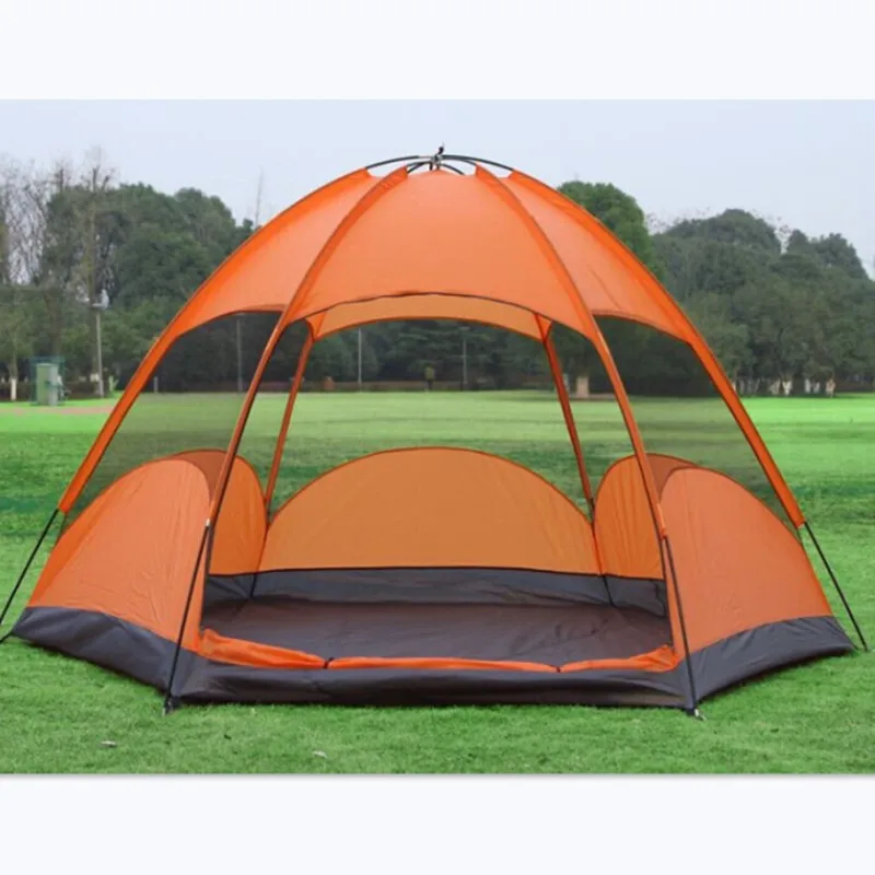저렴한 야외 5-8 인 4.5kg 넓은 공간 6 측면 캠핑 방수 휴대용 2 층 2 도어, 태양광 방지 방풍 그늘 하이킹 텐트