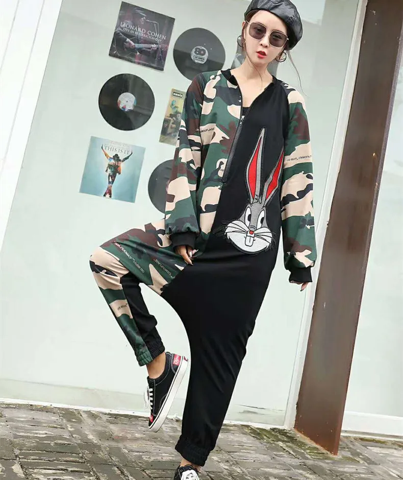 Tide brand women's 2019 autumn new hip hop wind cartoon beaded sequin stitching long sleeve large size jumpsuit trousers | Женская