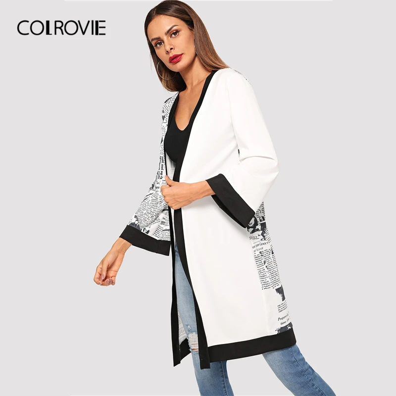 COLROVIE, бежевая, с буквенным принтом, панель, открытая спереди, Повседневная Верхняя одежда для женщин, весна, уличная одежда, длинный рукав, элегантное, до колена, пальто