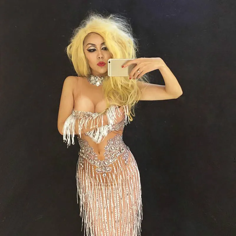 Sparkly Rhinestones Sexy Long Dress White Tassel Women Dresses Nightclub Party Performance Stage Dance Costume DJ DS Outfit | Женская