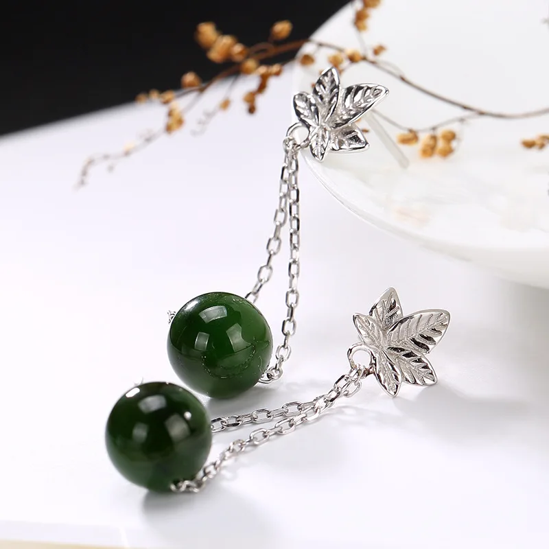 

2018 Sale Earings Fashion Jewelry One Luyin S925 Pure Natural Hetian Jade Inlay Leaves Ms High-grade Pendant Earrings Wholesale