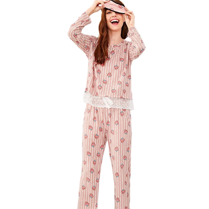 Dotfashion розовый пижамный комплект с принтом клубники и кружевной отделкой с маской для глаз, пижамы для женщин, осенняя одежда для сна, Ночная одежда с длинным рукавом