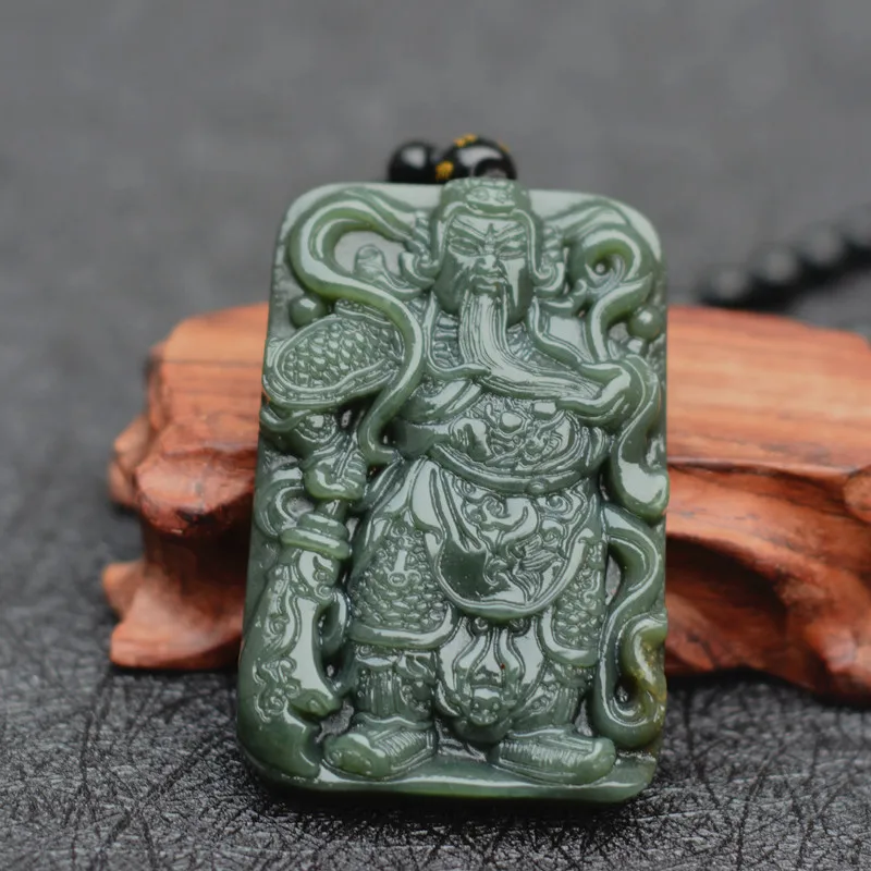 xinjiang Green HETIAN Jades Pendant Carved Chinese Wealth God Patron saint The Duke Guan Necklace | Украшения и аксессуары