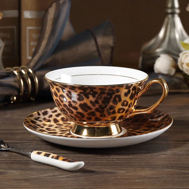 1Cup1Saucer Европейский классический Леопардовый принт Костяной фарфор кофейные чашки и блюдца кофейная чашка набор посуды Ручная роспись золотой ободок домашние вечерние чашки для чая - Цвет: 1Cup1Saucer