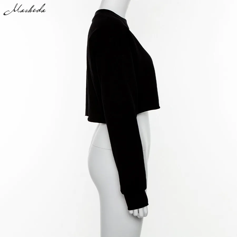 Macheda Women Letter Print Pullovers Streetwear Long Sleeve O Neck Sweatshirt Lady Black Knitted Loose Cropped Pullover New