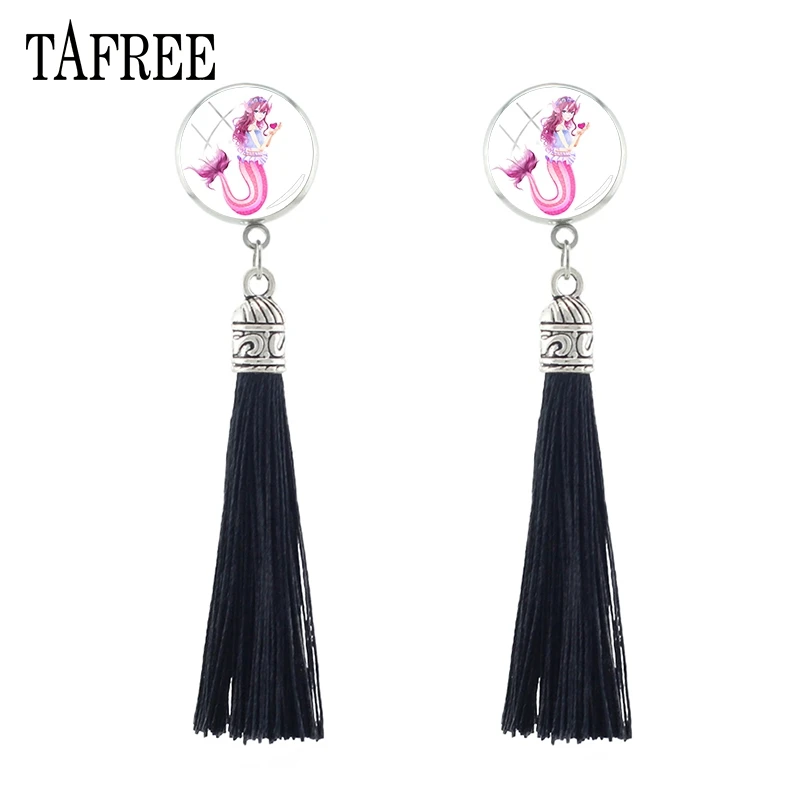Серьги гвоздики TAFREE с кисточками и изящной длинной бахромой в богемном стиле