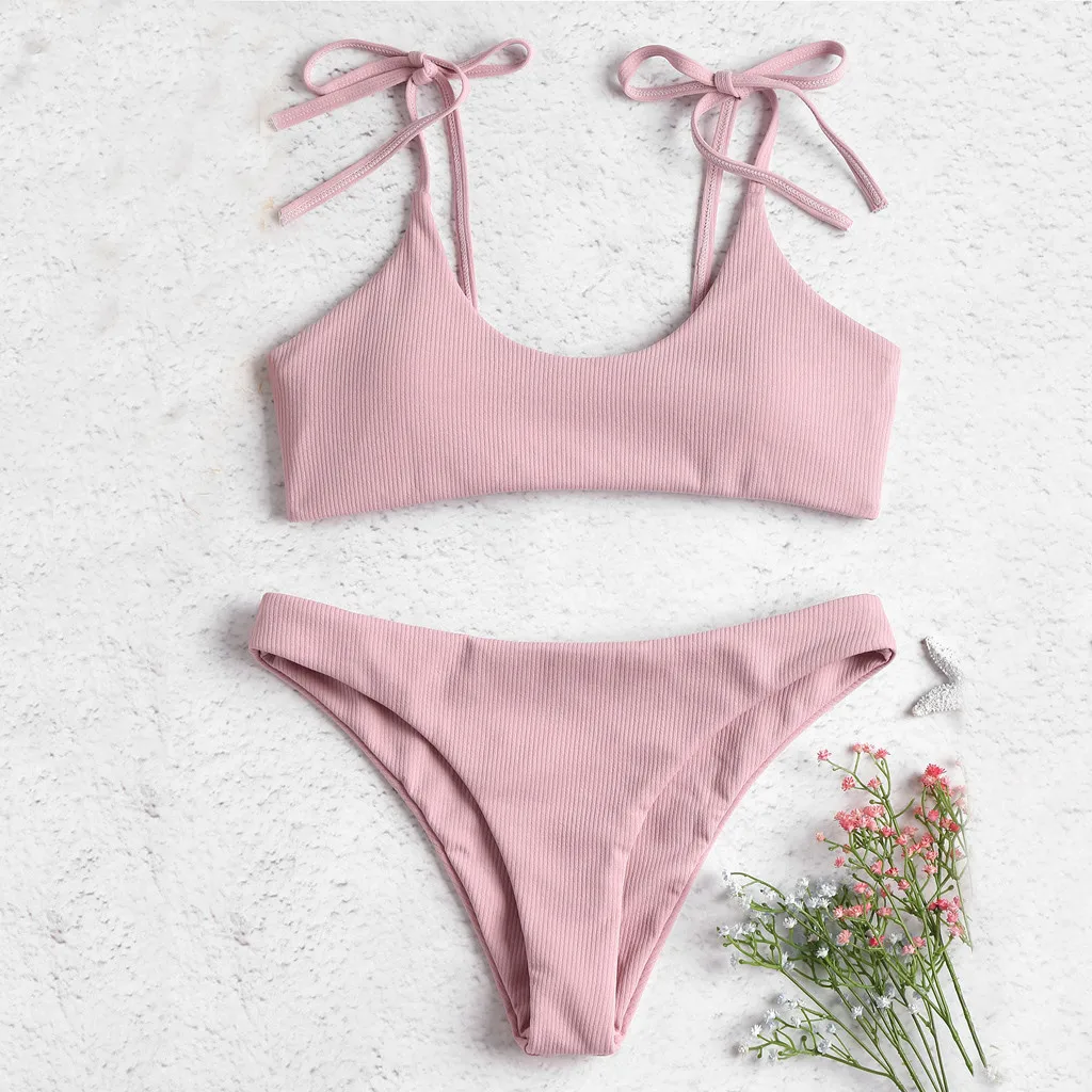 Pink Женский сексуальный раздельный купальник из двух частей с принтом, купальник бикини, пляжная одежда, бикини с низкой талией, одноцветная одежда для плавания, пляжная одежда - Цвет: Pink