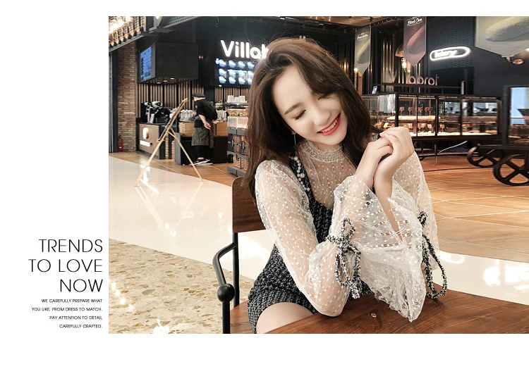 Two Pieces Set Mesh Tops Spaghetti Strap Dress Sexy Lantern Sleeve Mini Vest Dresses Ladies Fashion Elegant Party Dress New
