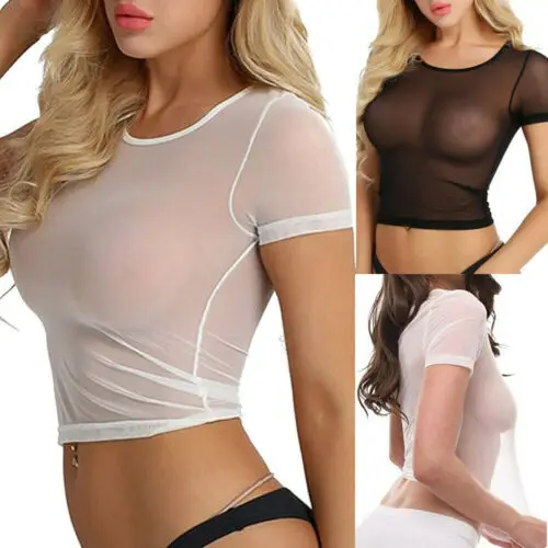 Women Sexy Sheer Mesh See-Through Short Sleeve Tops Crop Slim T Shirt Blouse UK | Женская одежда