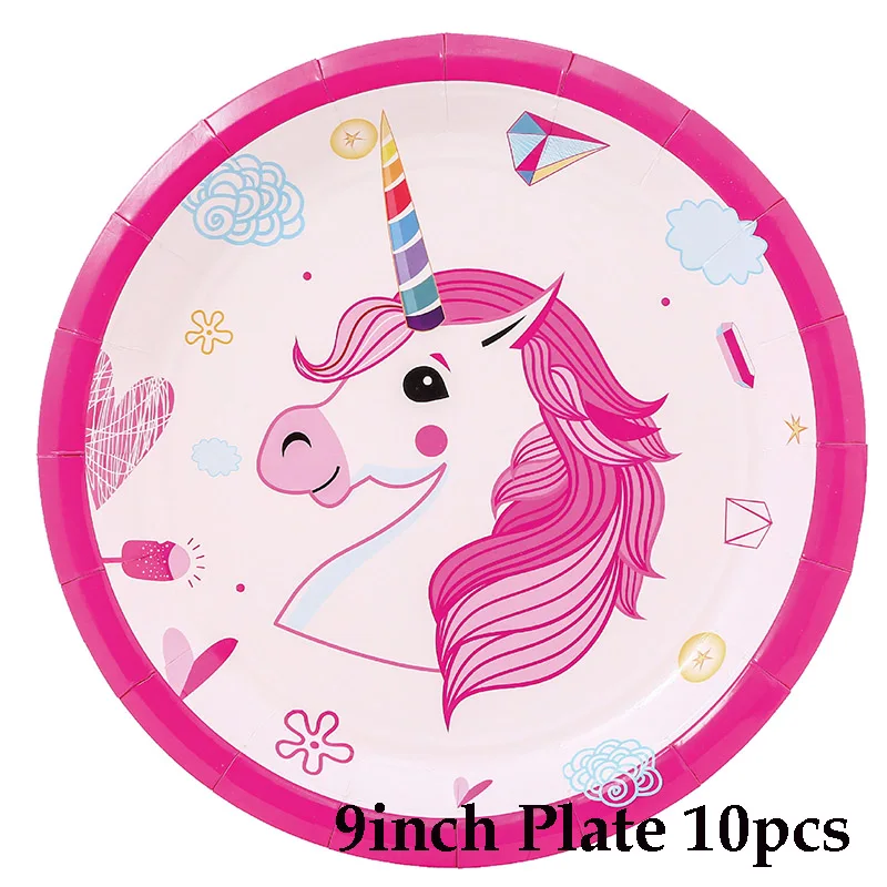 9inch plate 8pcs Вечерние принадлежности Единорог тема День Рождения Декоративная скатерть для вечеринки тарелка чашка соломенный флаг табличка вечерние Декор - Цвет: 9inch plate 8pcs