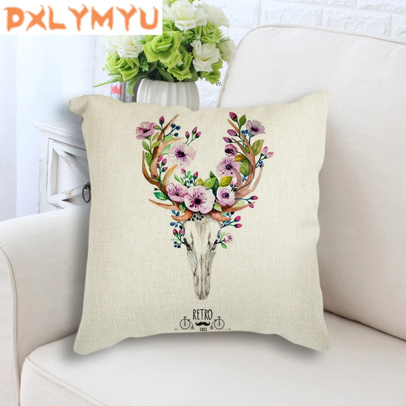 Декоративная наволочка для подушки с акварельным цветком оленем в скандинавском