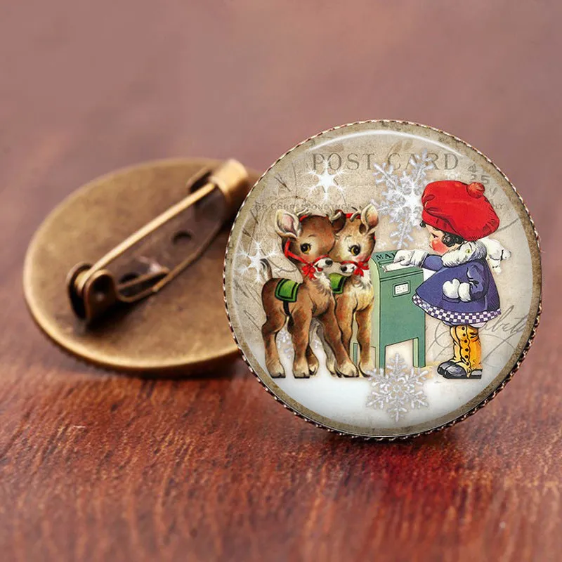 Милый олень рождественские стеклянные Броши Булавки Снеговик Санта Клаус