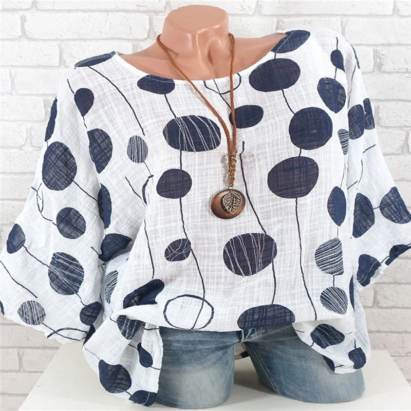 Casual Women Batwing Sleeve Blouse 2019 Summer O Neck Long Shirt Tops Ladies Plus Size Dot Point Print Femme Bluas | Женская одежда