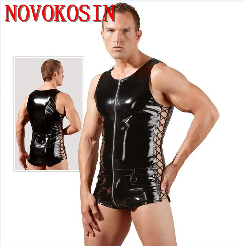 

KH38 M-2XL Искусственная кожа Для мужчин сексуальное боди 2018 передняя молния до шагового шва брюк с обеих сторон со шнуровкой Экзотические Нижн...