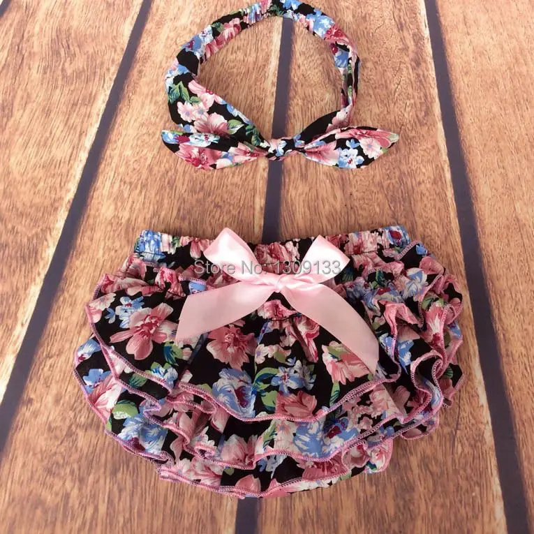 Cotton Floral Bloomers Bubble Shorts Toddler Diaper Cover Bow Knot Headband Clothing sets |