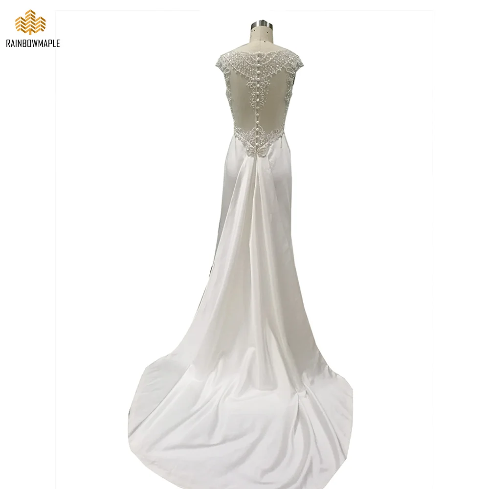 Sexy V-Neck Sheer Back Beading Sash Floor Length Satin Mermaid Wedding Dresses Simple Sleeveless Bridal Gowns Cheap MW004 | Свадьбы и