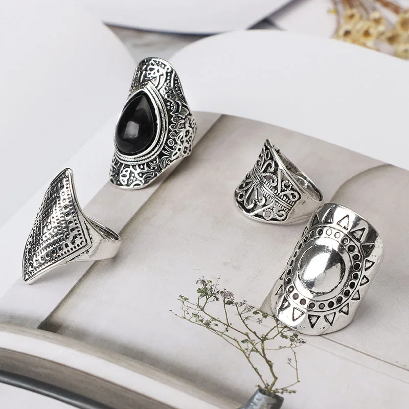 Винтажный этнический стиль черный камень Готический bague femme noire 4pic/sit крошечные