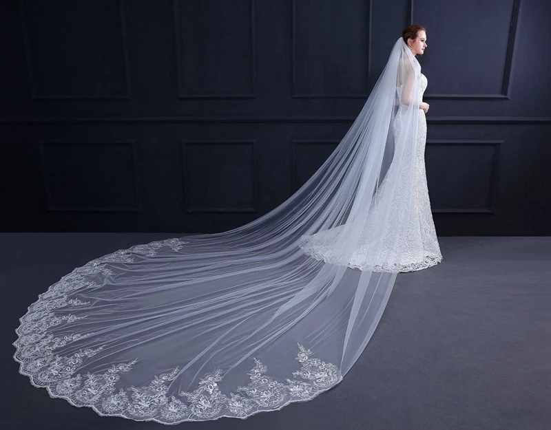 3 Meter White Ivory Cathedral Wedding Veils Long Lace Edge Bridal Veil with Comb Wedding Accessories Bride Veu Wedding Veil