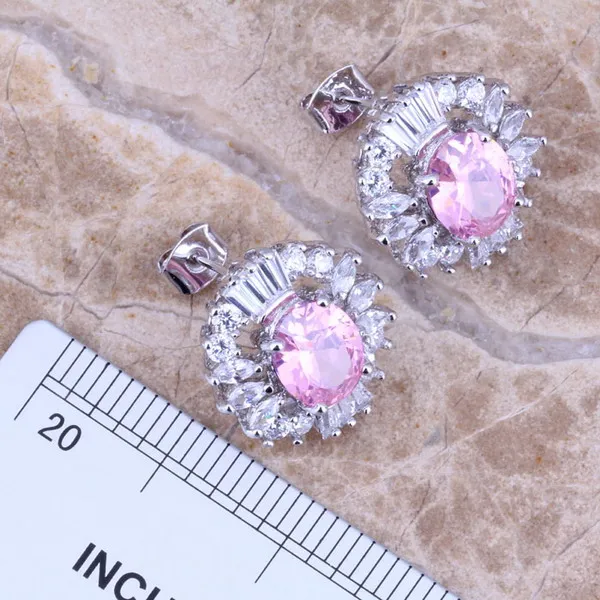 Розовый белый фианит Посеребренные Ювелирные наборы серьги Кулон Кольцо Размер 5