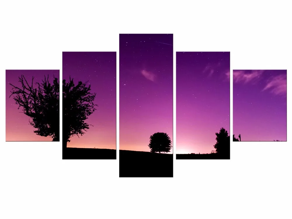 5 Pieces Free Shipping Wall Painting Canvas Tree in Sunset Purple Decorative Art for Living Room Decor Framed | Дом и сад