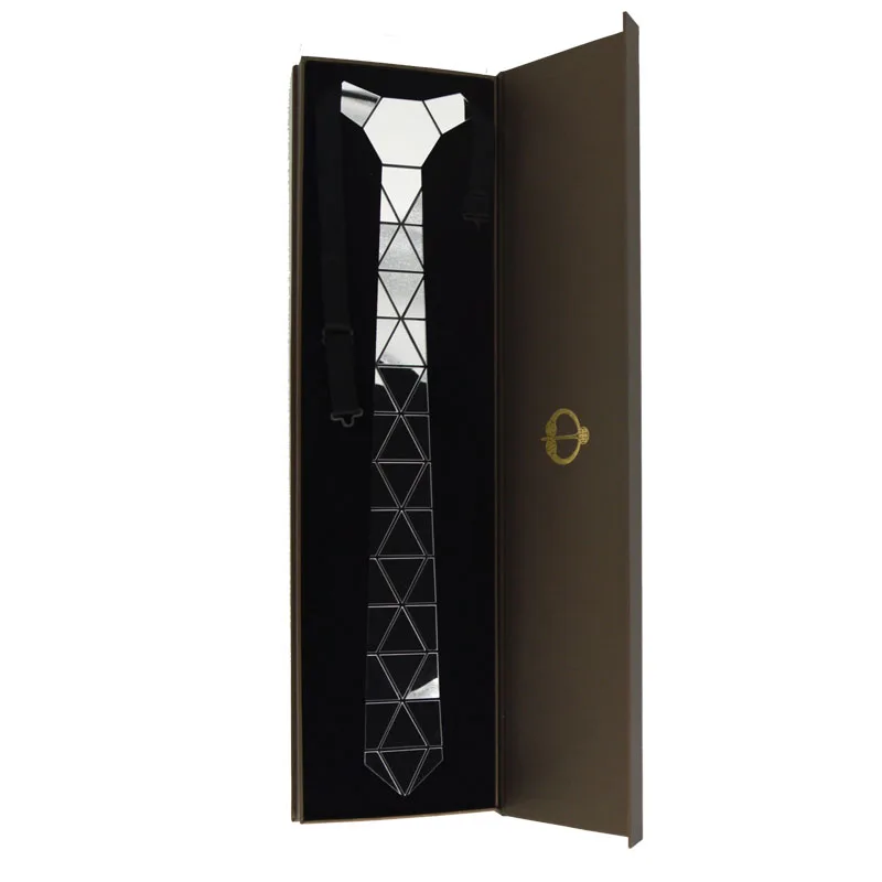 Handmade Glossy Silver Diamond Shape Acrylic Necktie Tie Gift Box Silver Mirror Slim Fashion Necktie Formal Suits Tie Wedding