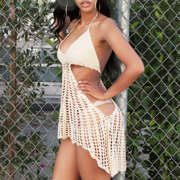 Вязаный крючком сетчатый бикини с бретельками на шее женский летний сексуальный