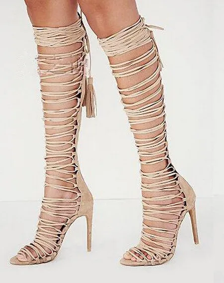 Сандалии гладиаторы на шнуровке замшевые босоножки до колена с открытым носком