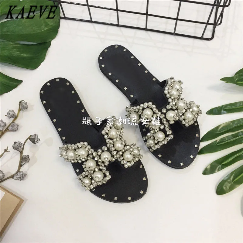 

2017 Spring Summer High Top Crystal Rhinestone Solid Pearl Beach Flip-Flops New Slippers Bead Strappy Flats Roman Sandal Female