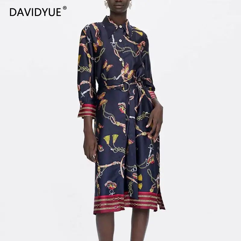 Платье рубашка женское винтажное с длинным рукавом и цепочкой|Женские платья| |