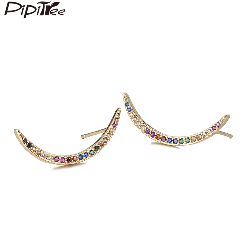 Pipitree Simple Moon Shape AAA Cubic Zirconia Stud Earrings Minimalist for Women Girls Punk Hip Hop Jewelry Brincos | Украшения и