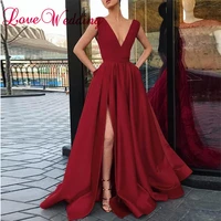 formal dress wine red evening dresses long satin a line sexy v neck floor length formal long evening party gown