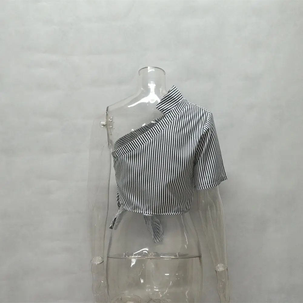 

Sexy Skew Collar Women Blouses Striped Short Sleeve Female Crop Top Casual Lady Shirt