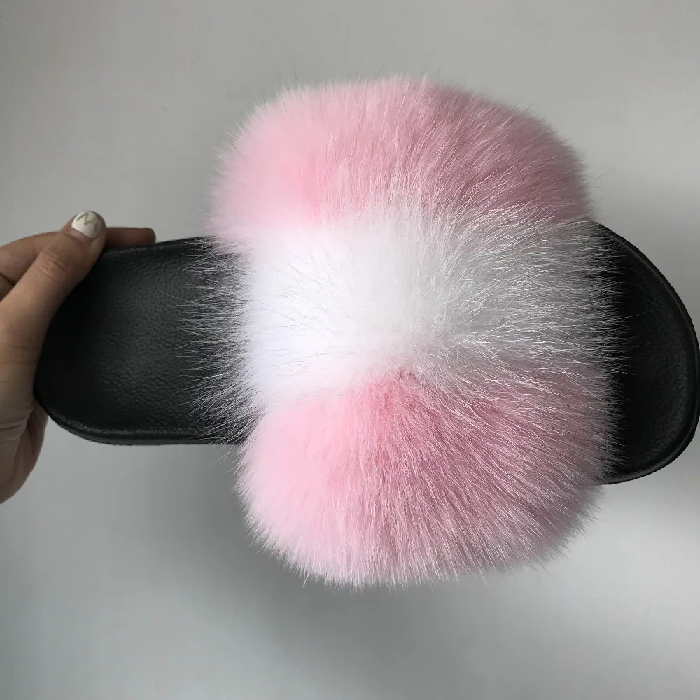 Тапочки на меху с натуральным лисьим мехом цвет розовый белый сандалии-шлепанцы