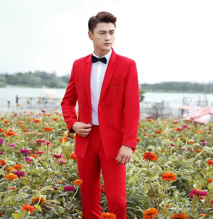 Blazer men groom suit set with pants mens wedding suits costume singer star style dance stage clothing red formal dress | Мужская одежда