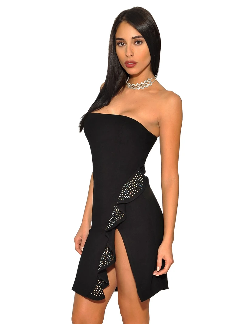 Бандажное платье без бретелек черное Короткое облегающее женское с Боковым