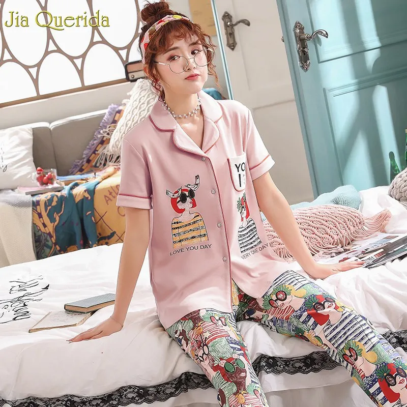 Pajama Sets Women 2019 New Fashion Cotton 100% Loungewear Sleepwear Short Sleeve Long Pants Home Suits Pink Pajamas Woman | Женская