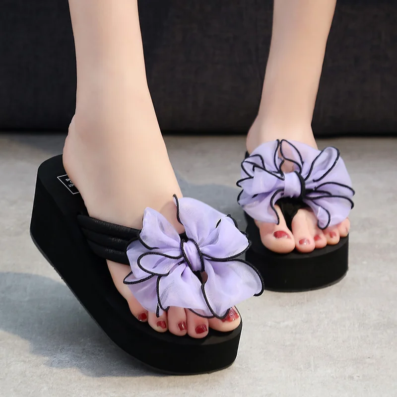 Slippers Female Summer Bow Wedge Sandals and Slippers Flip Flops High Heel Women's Slippers Thick Bottom Slippers Women