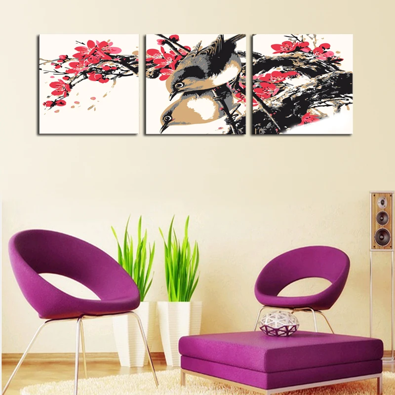 Без рамки 3 комплекта холст красные цветы с птицами живопись искусство дешевые HD
