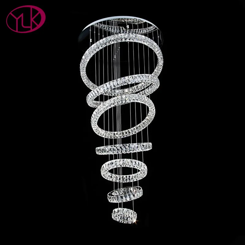 

Modern 6 rings led crystal chandelier for staircase large lobby hallway silver stainless steel crystal lamps home decor light