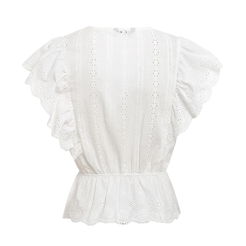 

2019 Ladies Tops Sexy V neck Women Summer Blouse Stylish pleated Waist High Embroidery Cotton shirt Fashion white blouse