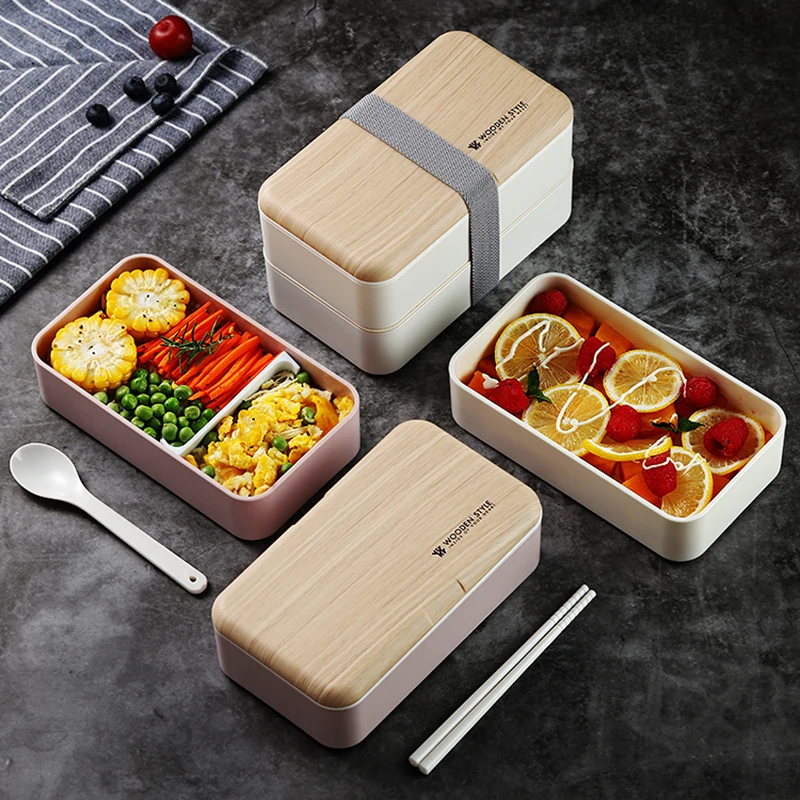 

New TUUTH Microwave Double Layer Lunch Box 1200ml Wooden Feeling Salad Bento Box BPA Free Portable Container Box Workers Student